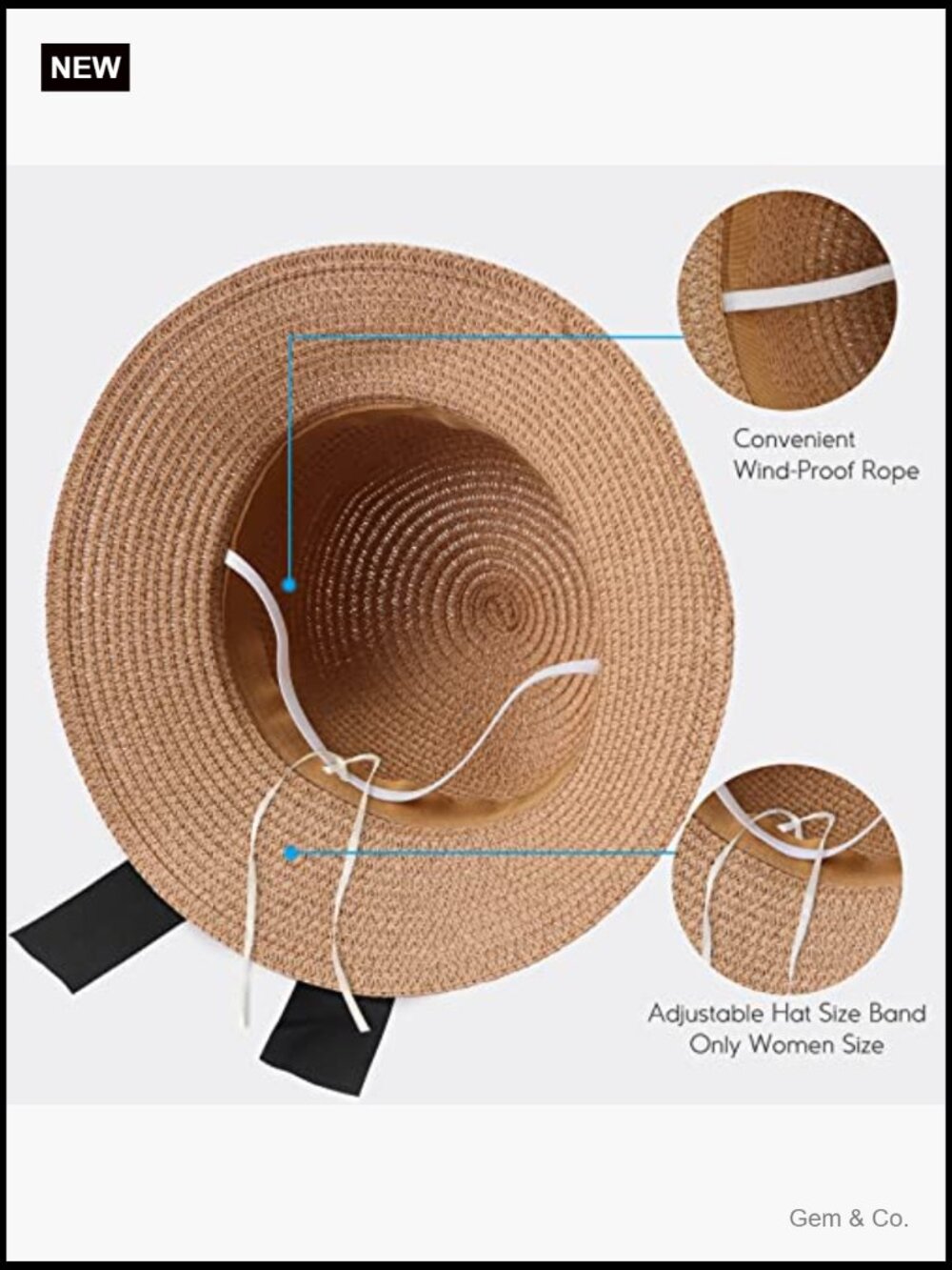 Wide Brim Straw Sun Hat Foldable Floppy with Bowknot and Chin Strap - Picture 4 of 7
